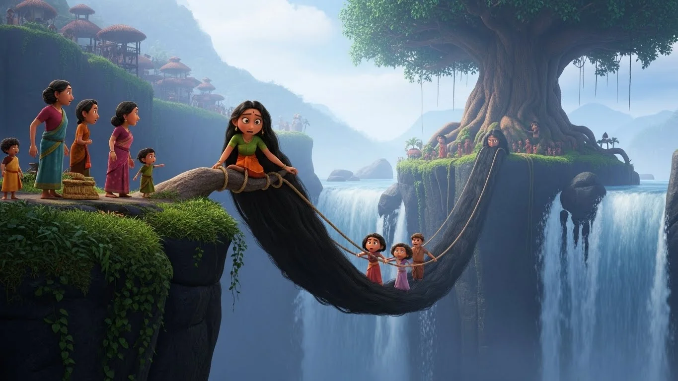 பெண்கள் தங்கள் மாயக் கூந்தலை கயிறாகப் பயன்படுத்தி, ஒரு ஆழமான பள்ளத்தாக்கைக் கடந்து பிரமாண்டமான மரத்தை அடைகிறார்கள்.