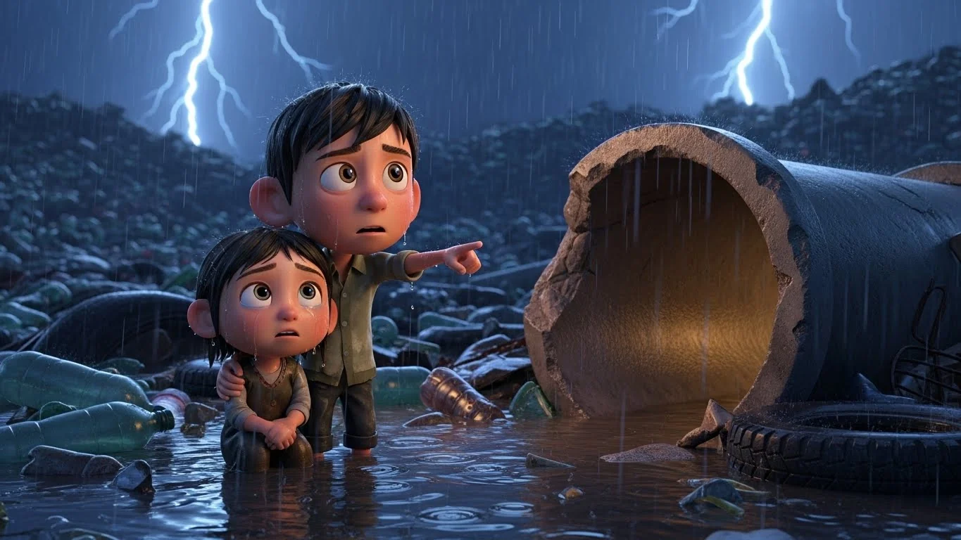 மழையில் ஒரு குப்பை குழாயில் அடைக்கலம்