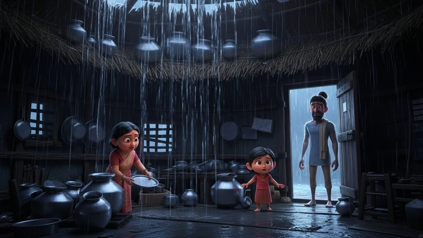 ஏழ்மைக் குடிசையில் கண்ணீர் விடும் ராமா; மழை நீர் சேகரிக்கும் குடும்பம்.