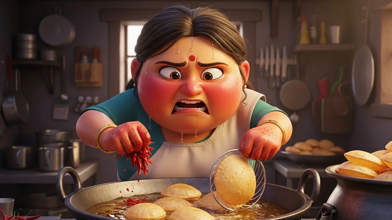 சமையலறை வெப்பத்தில் கோபத்தில் சிவந்துபோன மருமகள்.