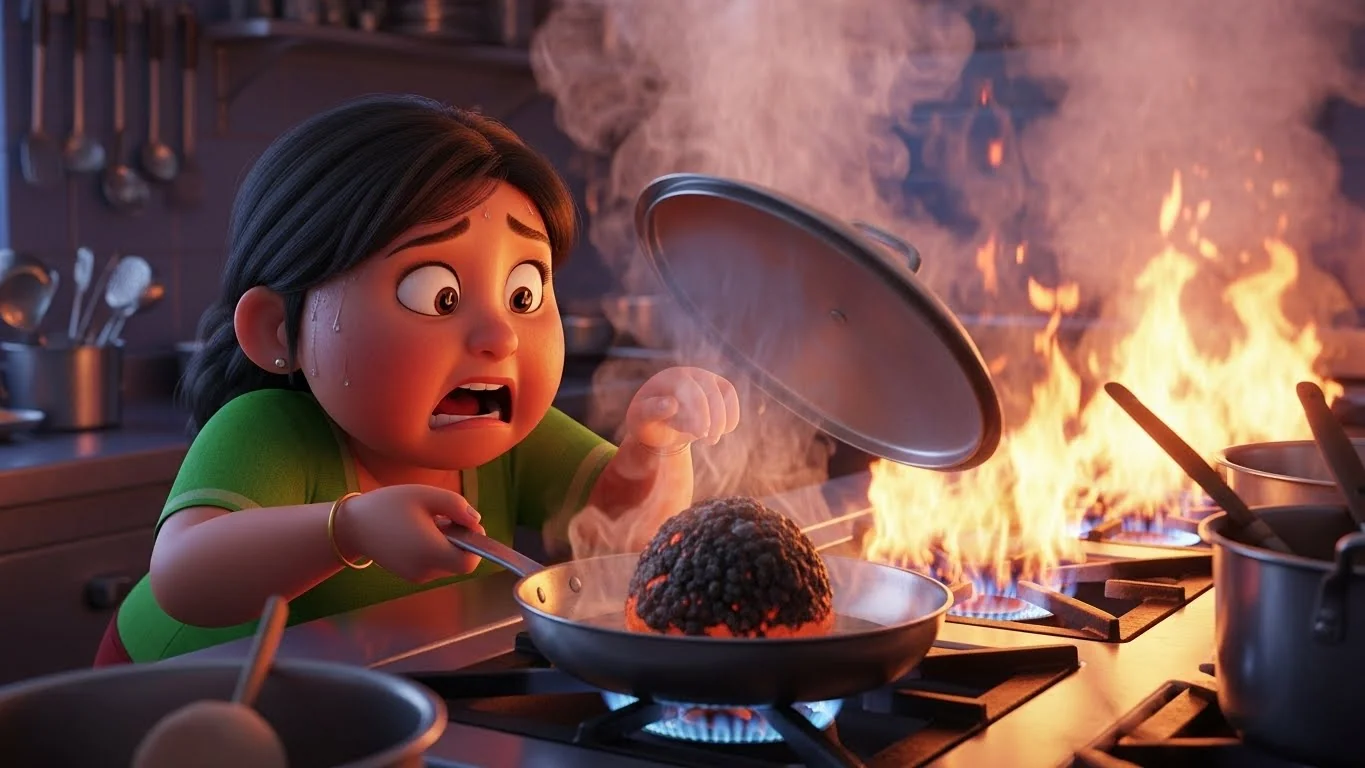 அவசரத்தில் கருகிய கறி.