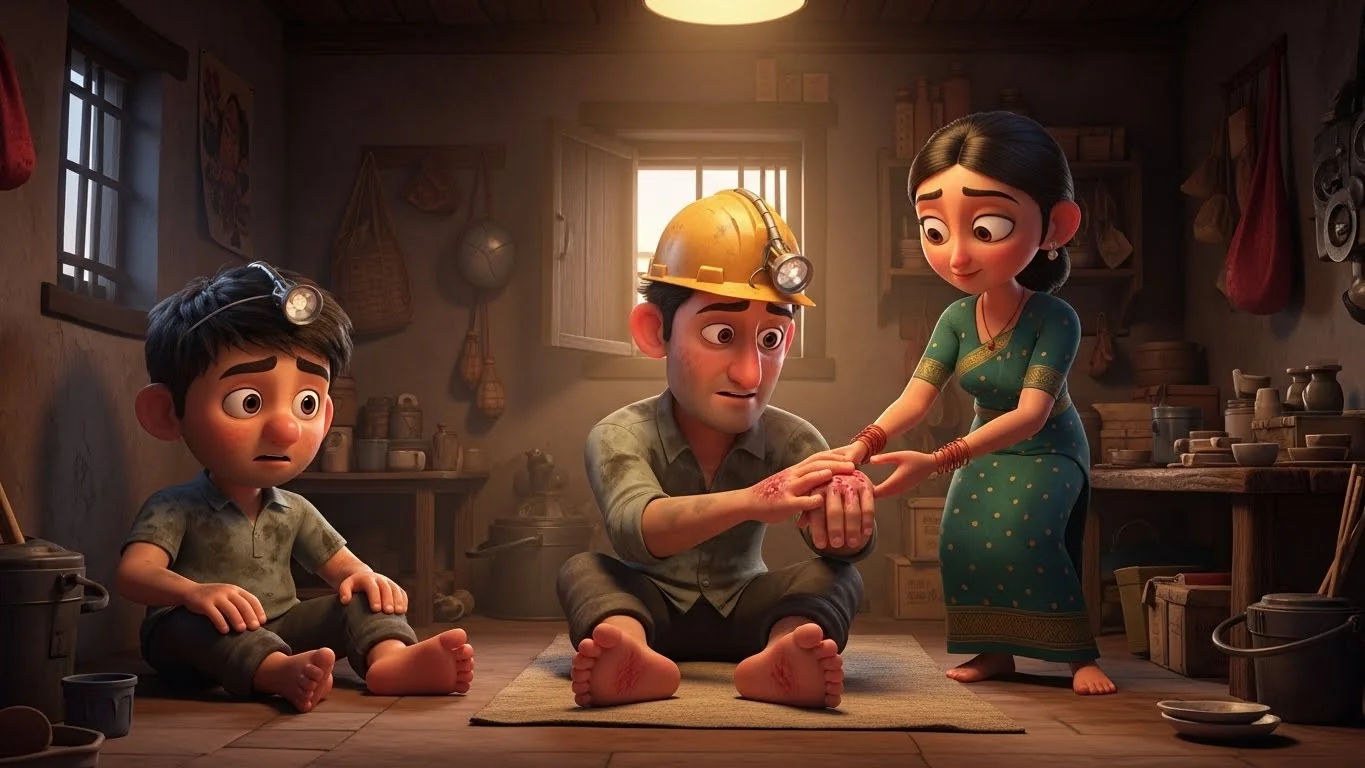 கடும் வேலையிலிருந்து திரும்பிய கணவன்மார்களின் கைகளில் கொப்புளங்கள் நிறைந்திருப்பதை மனைவிகள் பார்க்கிறார்கள்; குடிநீர் தட்டுப்பாட்டால் குளிக்கக் கூட வழியில்லை.