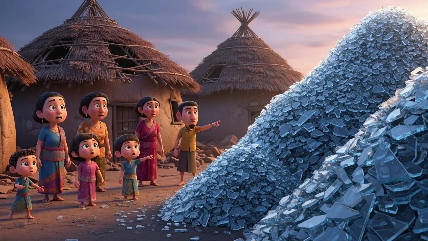 புயலுக்குப் பிறகு, இடிந்த குடிசைகள் மத்தியில் கண்ணாடியால் ஆன ஒரு புதிய எதிர்காலத்திற்கான நம்பிக்கை.