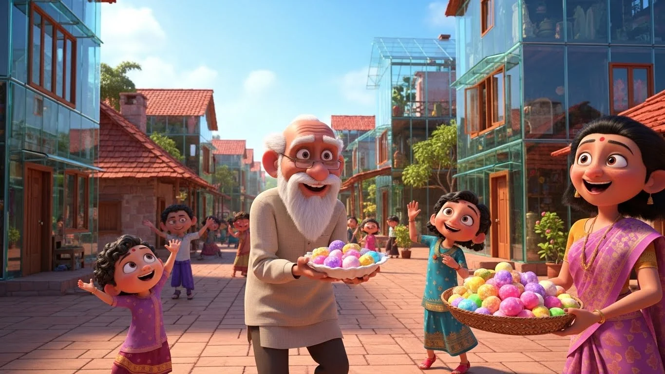 உடைந்த கண்ணாடிகளை வைத்து கட்டப்பட்ட ஜொலிக்கும் கிராமத்தில் மகிழ்ச்சியான கொண்டாட்டம்.