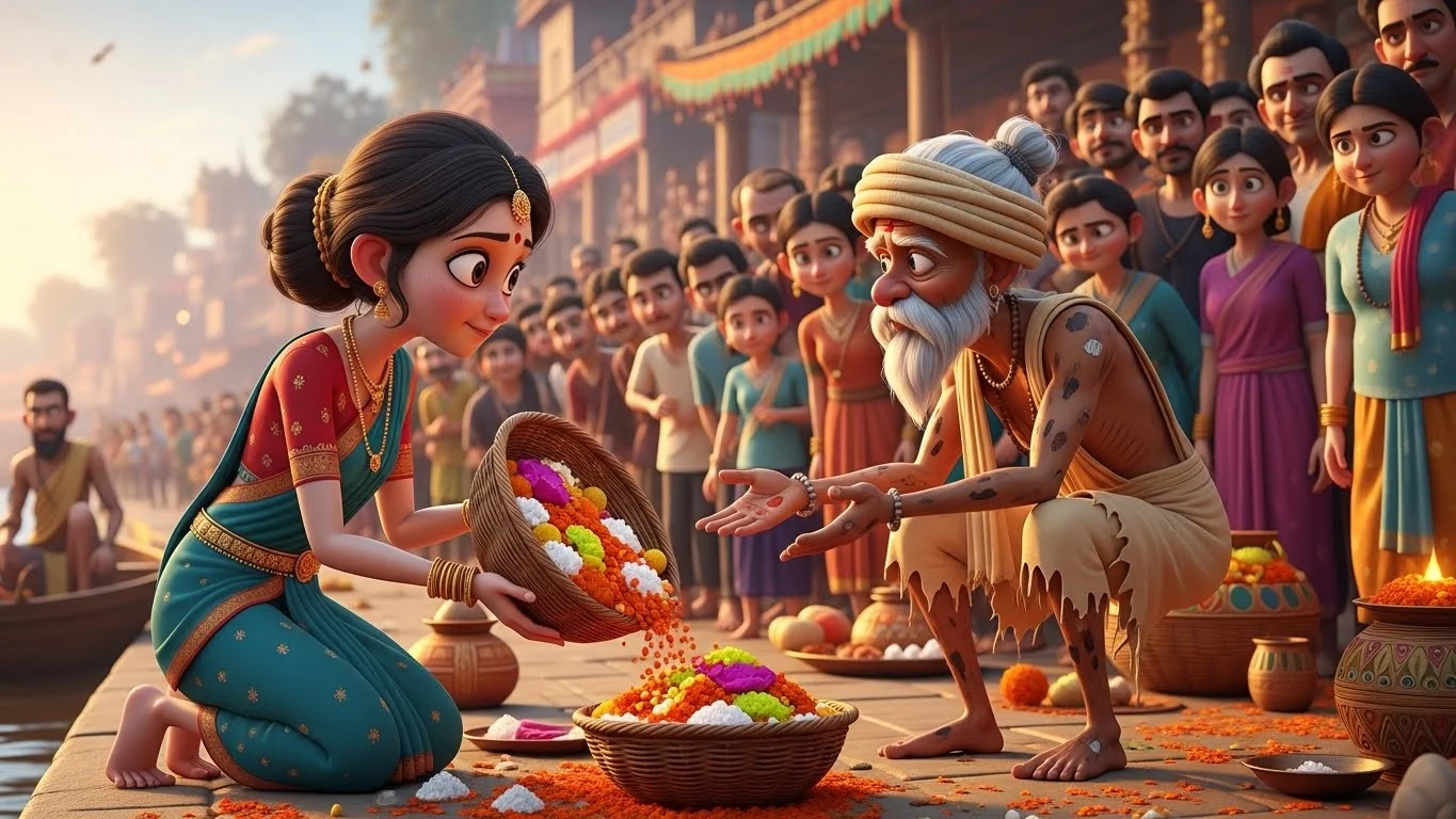 சத் காட்டில் சபதம் நிறைவேற்றிய ஜமுனாவும், பிச்சைக்காரியாக வந்த தாய்க்கு பிரசாதம் அளித்தலும்.