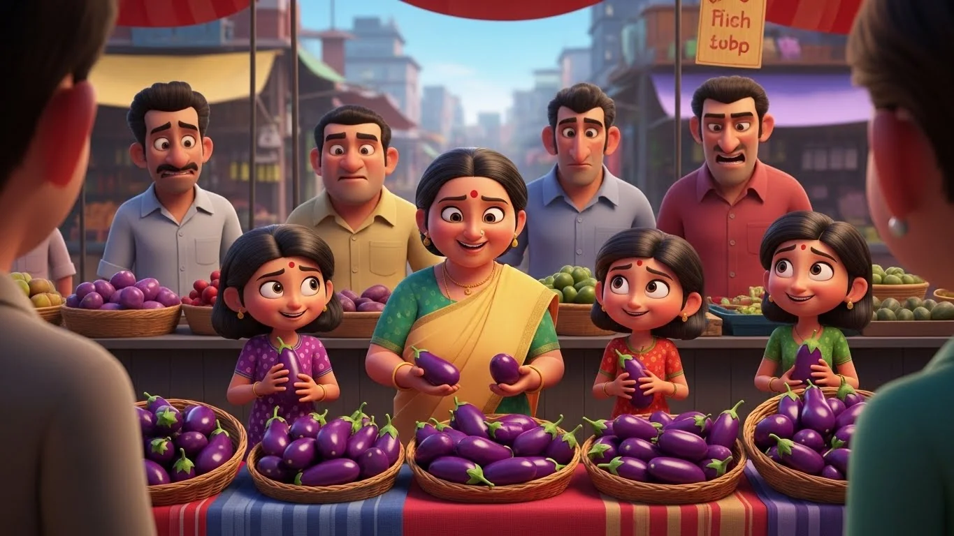 சந்தையில், வாடிக்கையாளர்களின் கூட்டத்தை ஈர்த்து கத்தரிக்காய் விற்கும் தாயும் மகள்களும்