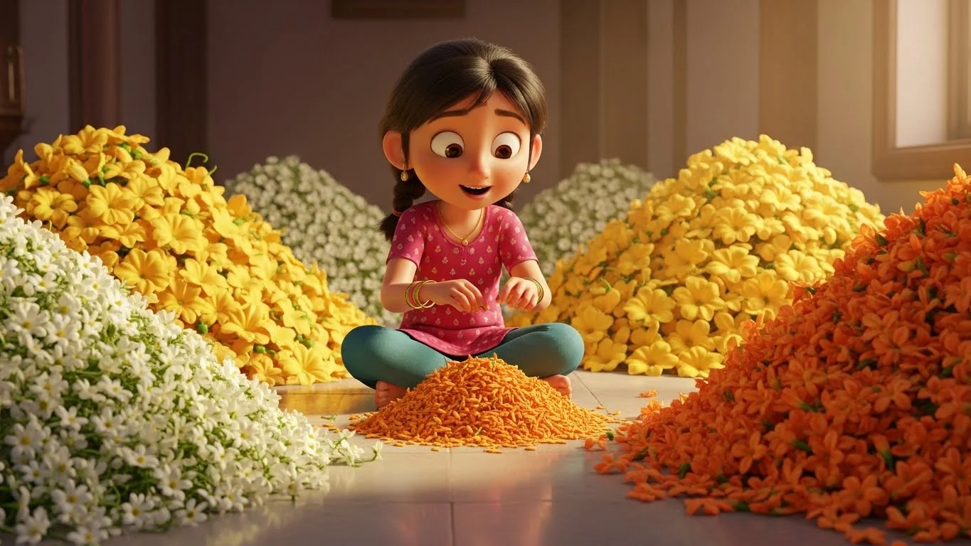 சமையலுக்காக தரையில் அமர்ந்து மலர்களை சுத்தம் செய்யும் பூஜா.