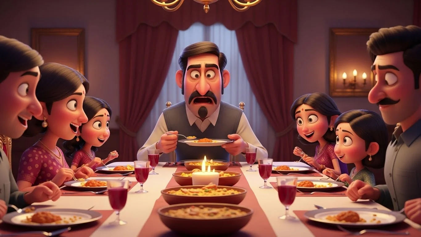 மாப்பிள்ளை வீட்டார் வியக்கும் வண்ணம், அனிதா பரிமாறிய சுவையான பருப்பு சாதத்தை அனைவரும் ரசித்து சாப்பிடுகிறார்கள்.