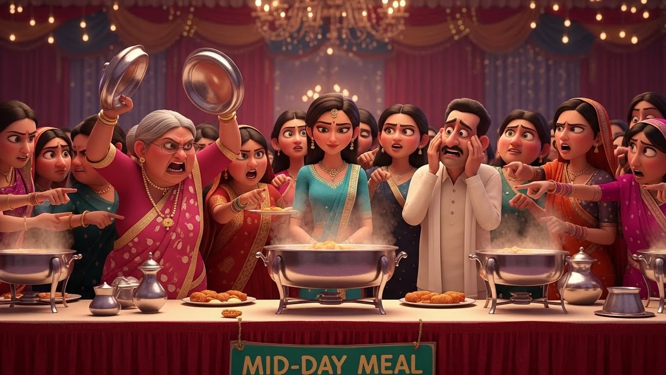 திருமண விருந்தில் பருப்பு சாதத்தை மட்டுமே கண்ட மாப்பிள்ளையின் அத்தை அதிர்ச்சியில் கத்துகிறார். அனிதா அமைதியாகவும் உறுதியாகவும் நிற்கிறாள்.