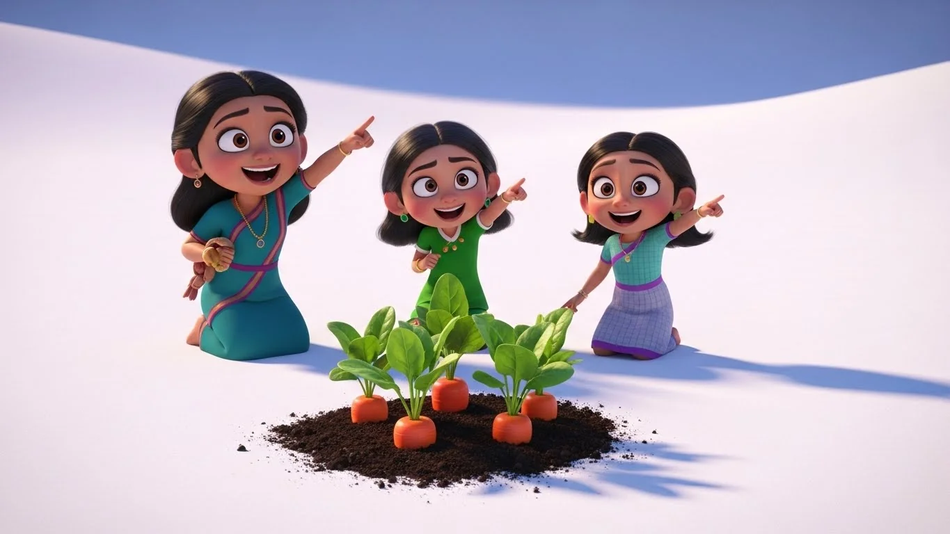 பனி நிறைந்த நிலத்தில் முதல் அறுவடை; மகிழ்ச்சியில் தாய் மற்றும் மகள்கள்.