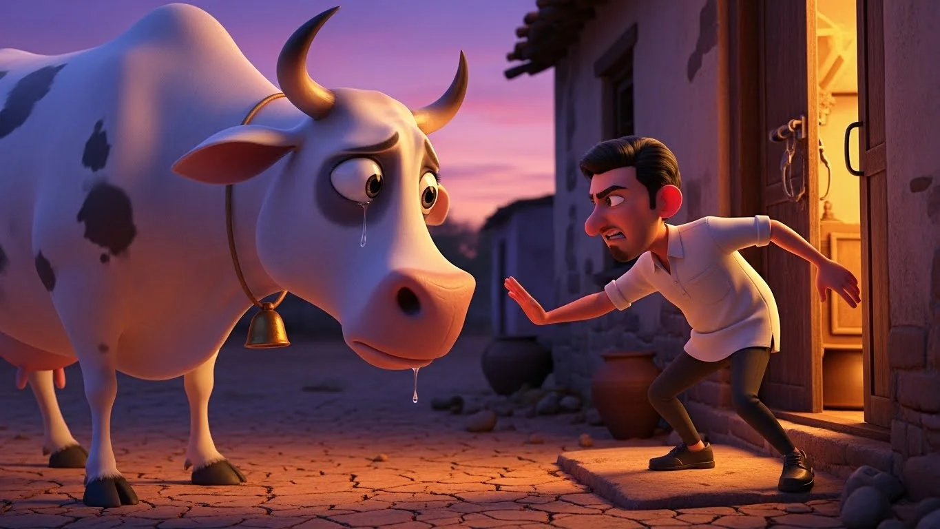 கிராமவாசிகள் தங்கள் சொந்த பசியின் காரணமாக புனிதமான பசுவைத் துரத்திவிட்டனர்.