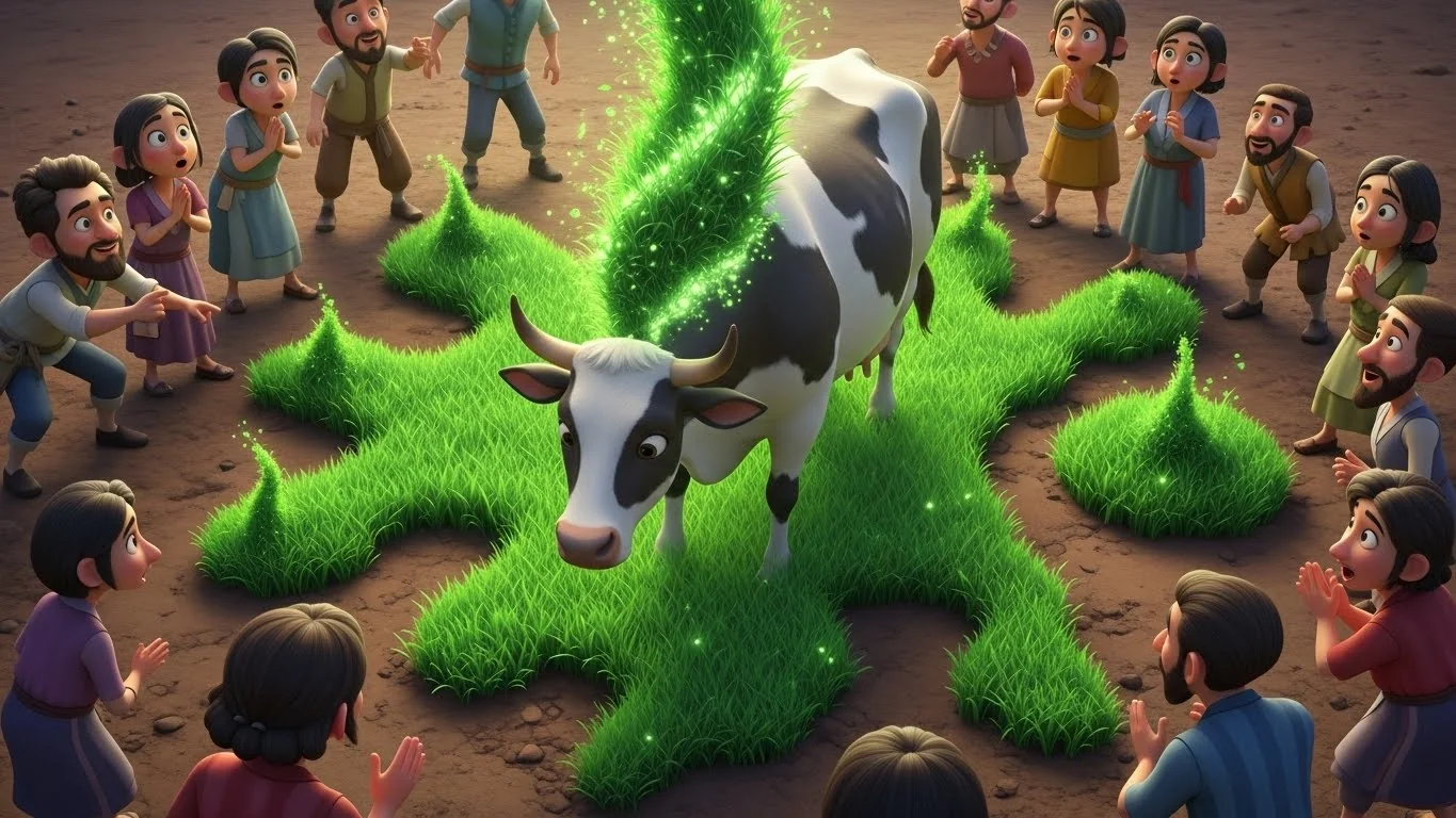 சாதுவும் பசுவும் புல் ரொட்டியை உண்ட பிறகு, கிராமத்தை அற்புத பச்சை புல் சூழ்ந்தது.