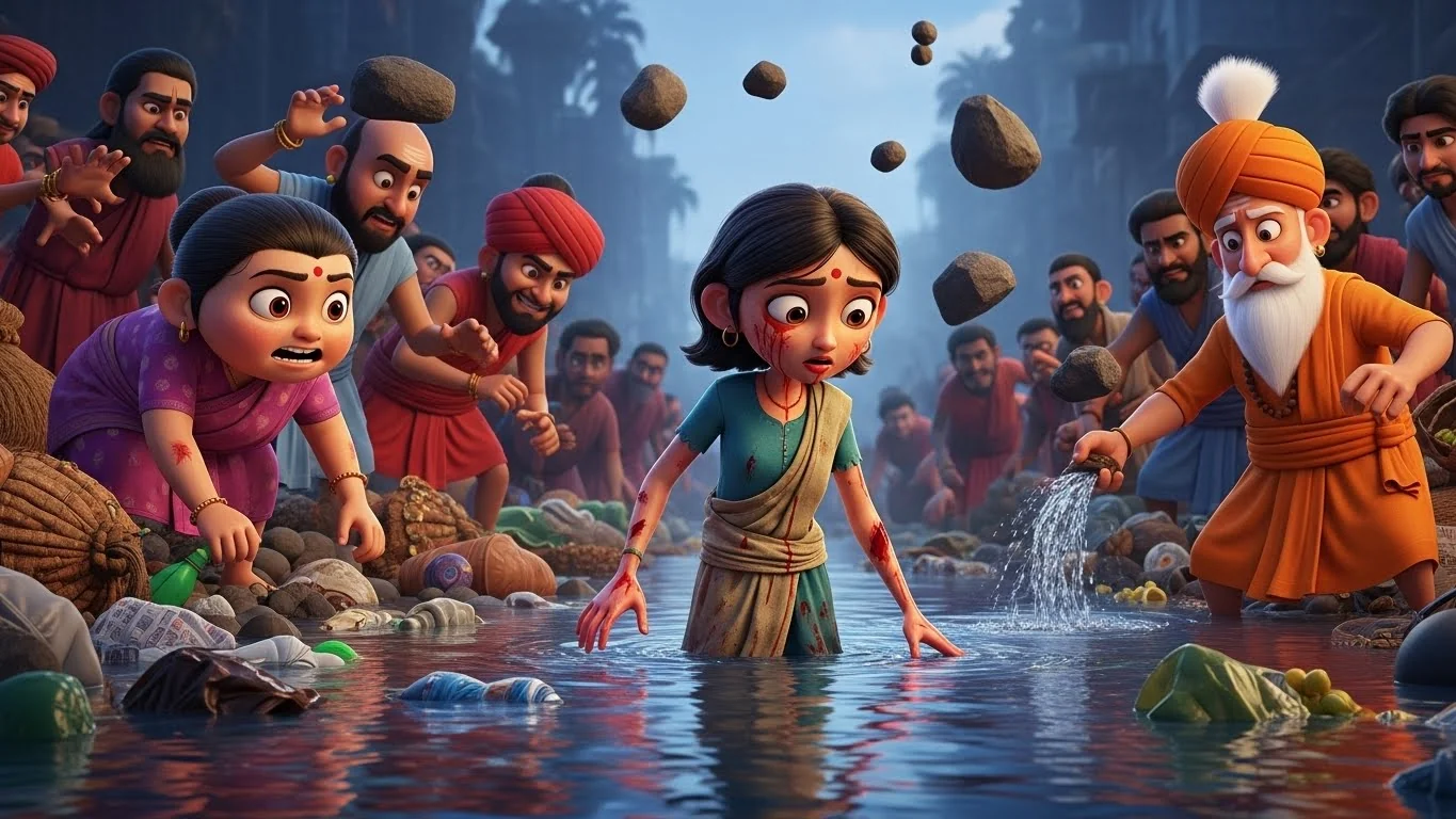 பொறாமையுள்ள கிராம மக்கள் கங்கையை கற்களால் தாக்குகிறார்கள்.