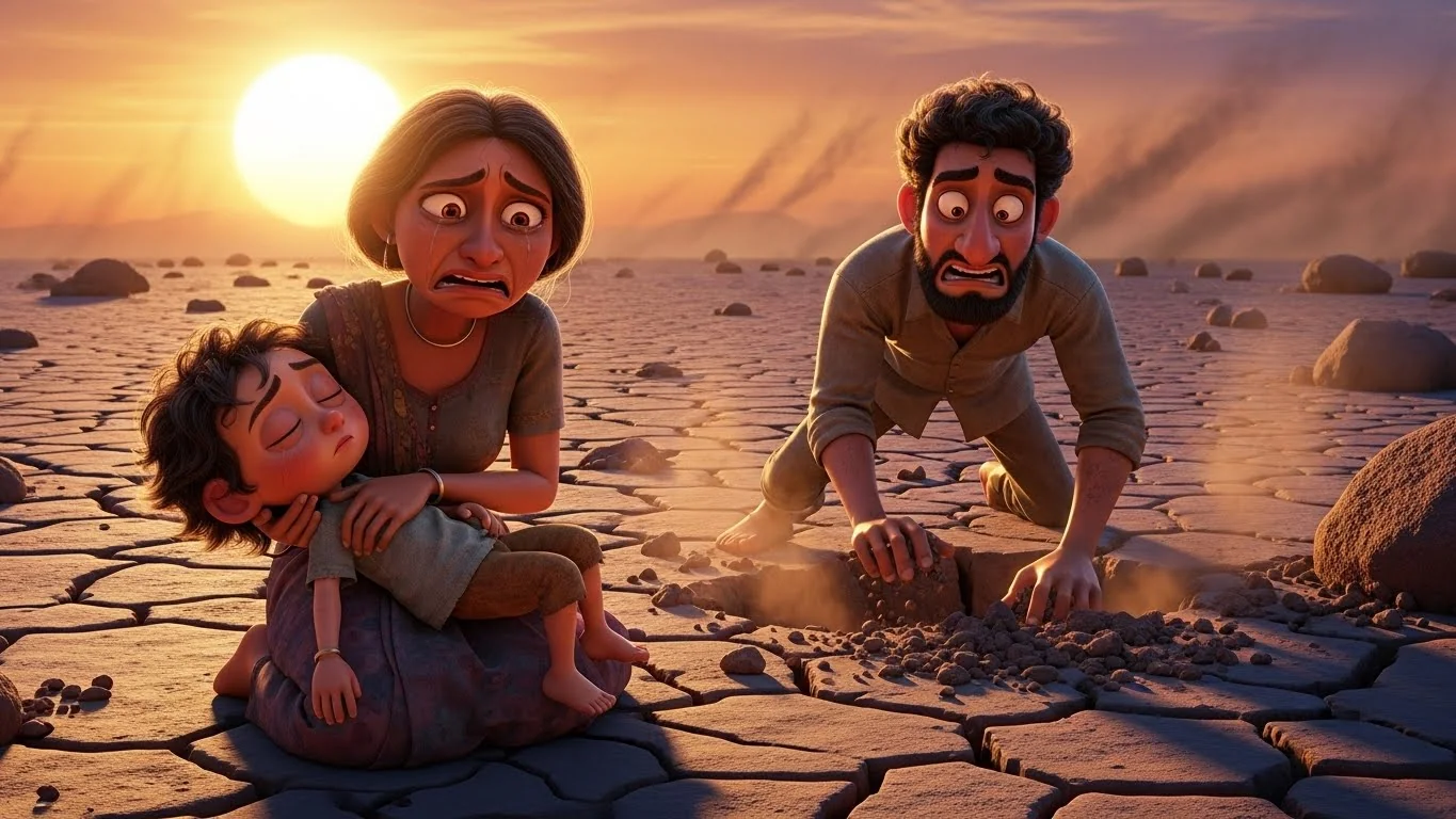 சாபத்தினால் உண்டான கடுமையான வறட்சி; தாகத்தில் குழந்தைகள் தவிக்கின்றனர்.