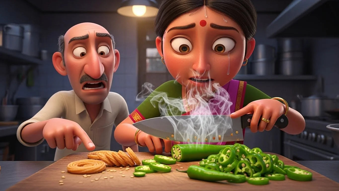 கண்ணில் மிளகாய் எரிச்சலுடன் மருமகள்.