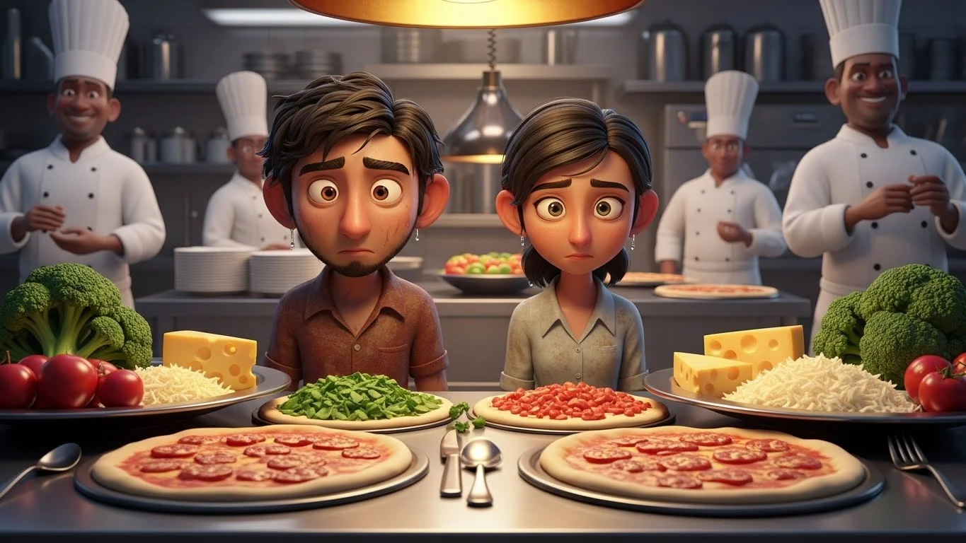 மழைக்கால உடைகளுடன், பிரமிப்புடன் பிஸ்ஸாவை பார்க்கும் ஏழை சமையல்காரர்கள்.