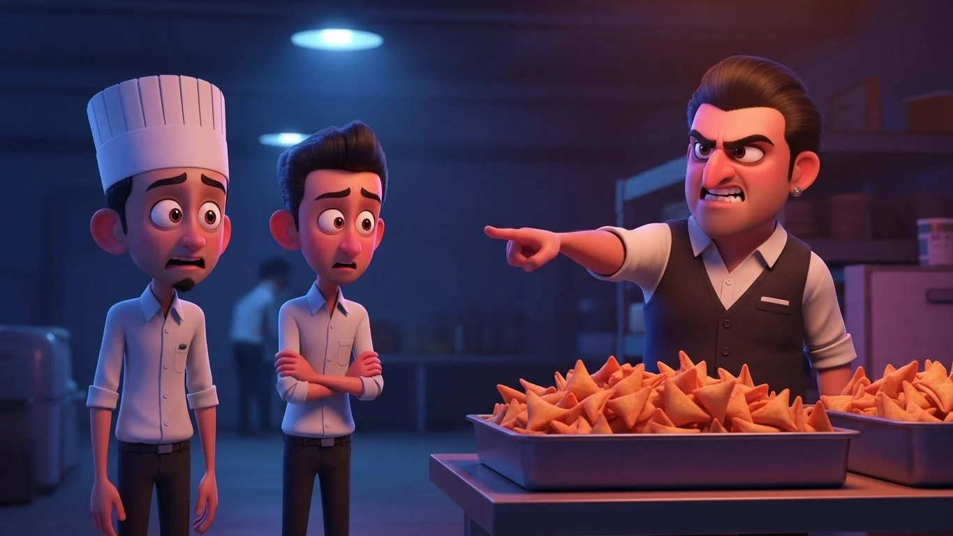 பேராசைக்கார முதலாளியால், பழைய சமோசாவை விற்க கட்டாயப்படுத்தப்படும் தொழிலாளிகள்.