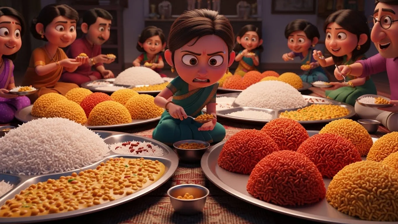 தரையில் அமர்ந்து சத்தமாக உண்ணும் குடும்பத்தினர்