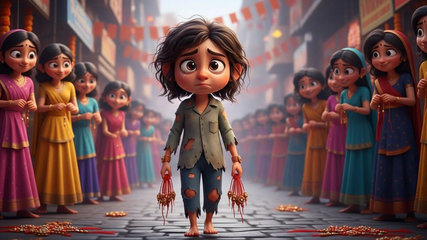 ராக்கி நாளில் அனாதை சிறுமியின் தனிமை மற்றும் ஏக்கத்தின் கண்ணீர்.