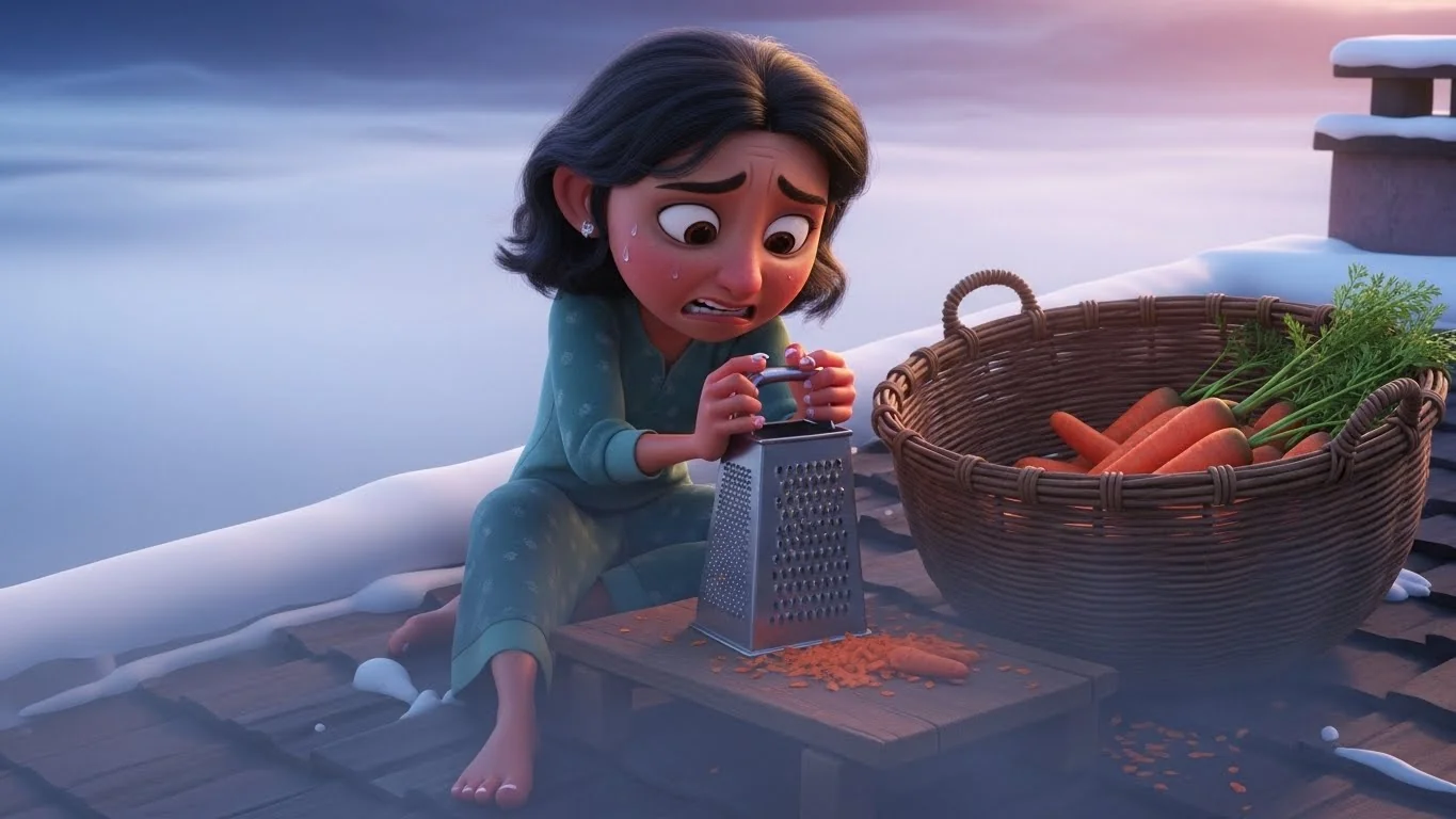 கடுமையான குளிரில், உறைந்த கைகளால் கேரட் துருவும் சீமா.