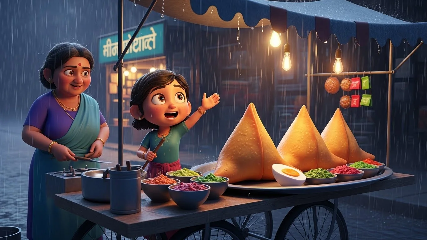 மழையில் தாயும் மகளும் புதிய சமோசா கடையை திறக்கிறார்கள்.