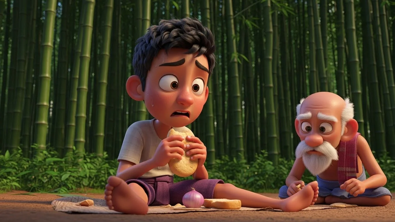 வெயிலில் வியர்த்து, மூங்கில் நிழலில் அமர்ந்து காய்ந்த ரொட்டியைத் தின்று, தங்கள் வறுமை குறித்து புலம்பும் விவசாயிகள்.