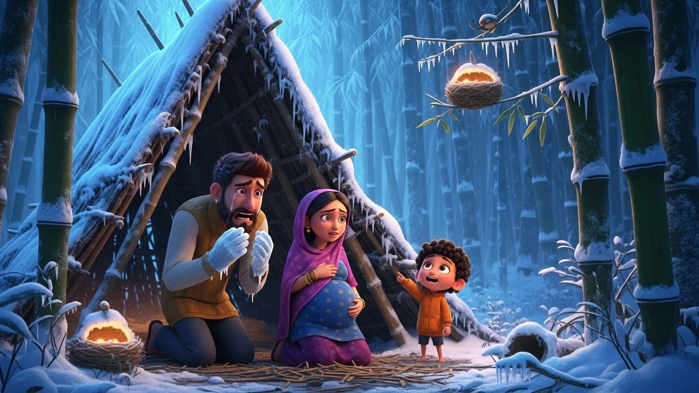 வெள்ளம் சூழ்ந்த இரவில், உறையும் குளிரில் கையறு நிலையில் உள்ள மக்கள். பறவைக் கூடுகளைப் பார்த்து வாழும் வழி காட்டும் சிறுவன்.