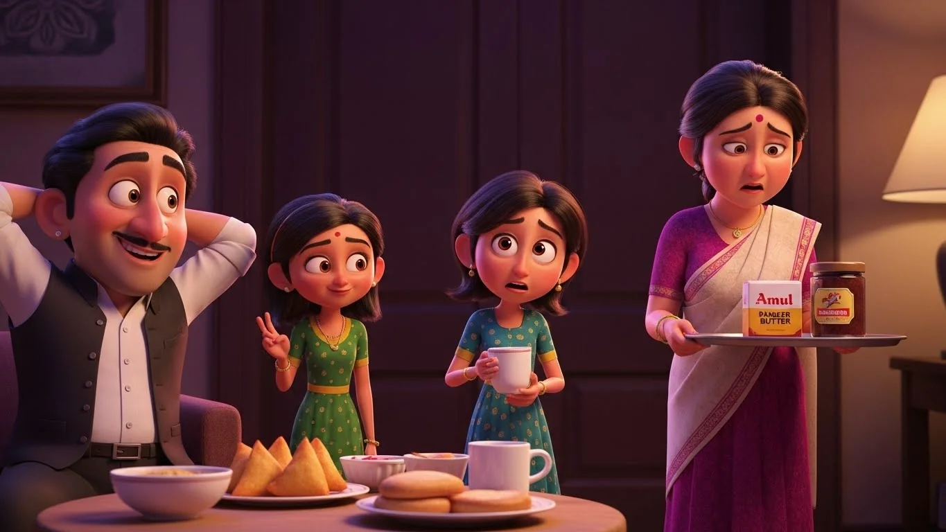 மகிழ்ச்சியான குடும்பத்தினர் சண்டே மெனுவை ஆர்டர் செய்ய, சமையல் வேலைகளை நினைத்து காயத்ரி விரக்தியடைந்து நிற்பது.