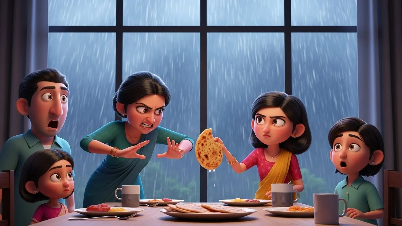 சண்டே காலை உணவில் விமர்சனங்கள் அதிகரிக்க, காயத்ரி கோபத்துடன் இனி சமைக்க மறுத்து அறையை விட்டு வெளியேறுதல்.