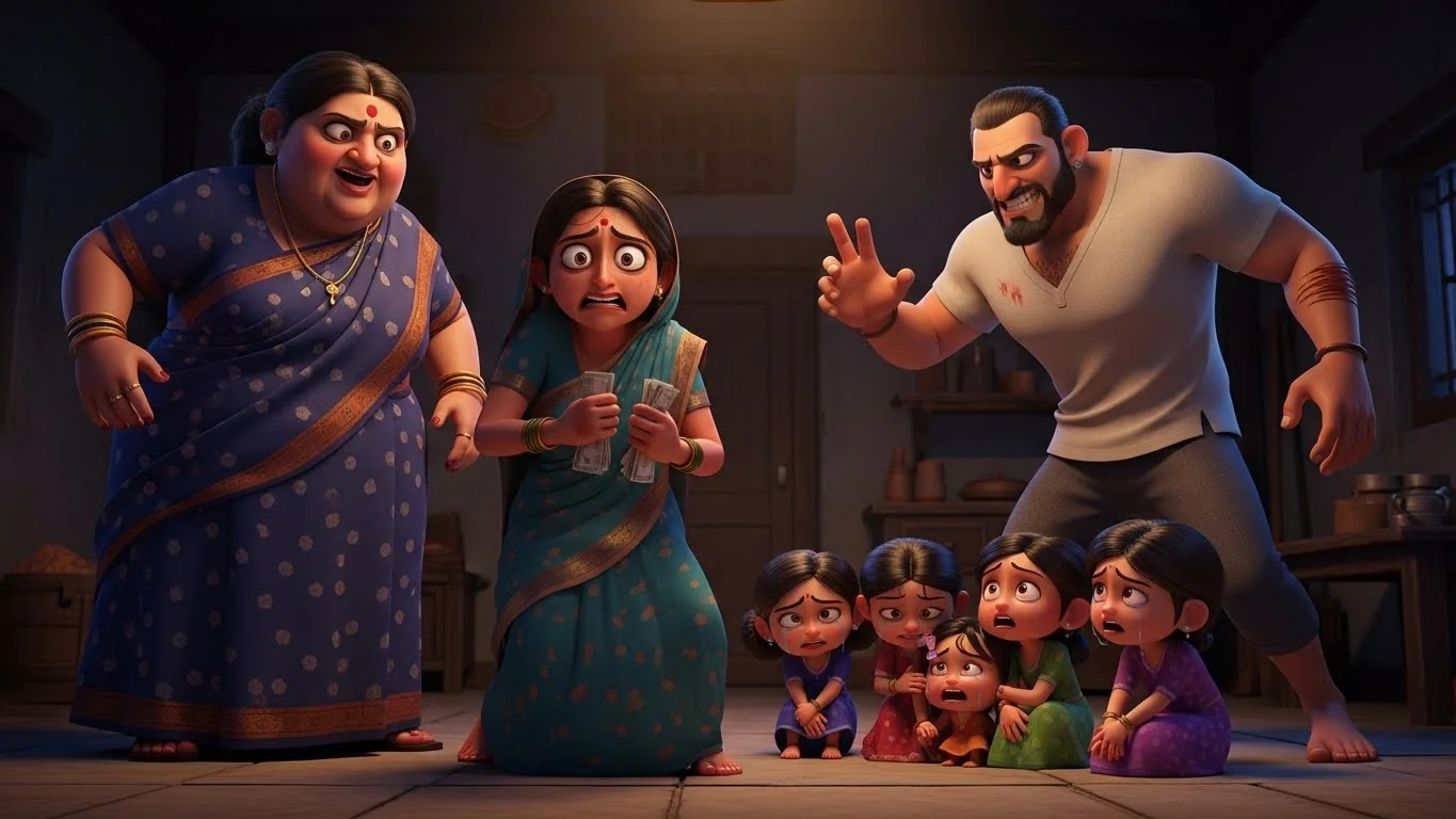 கொடுமையான மாமியார், கணவரின் கைகளில் சிக்கி சித்ரவதைப்படும் தாய். மகள்கள் மூலையில் பயத்துடன் அழுகிறார்கள்.