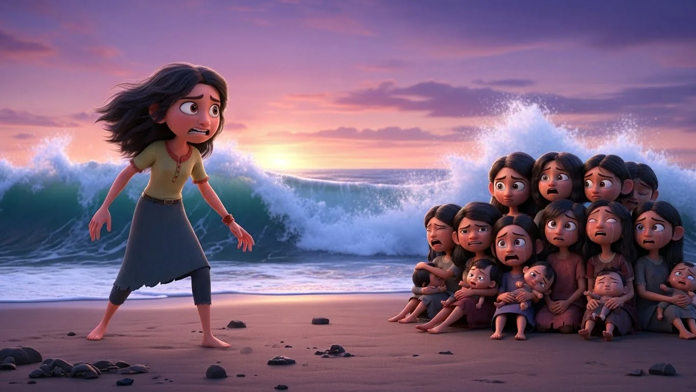 தற்கொலை செய்ய ஓடும் தாய். கடலோரத்தில் அனாதையாக அழும் 15 குழந்தைகளைக் கண்டு புதிய இலக்கை அடைகிறாள்.