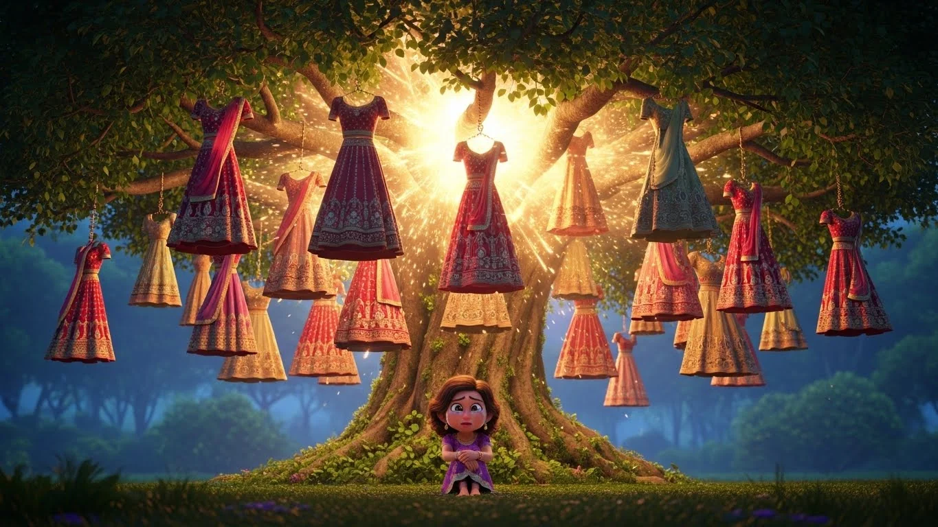 அவள் விருப்பத்தைக் கேட்டதும், மரம் தங்க ஒளியுடன் பலவிதமான லெஹெங்காக்களை அளிக்கிறது.