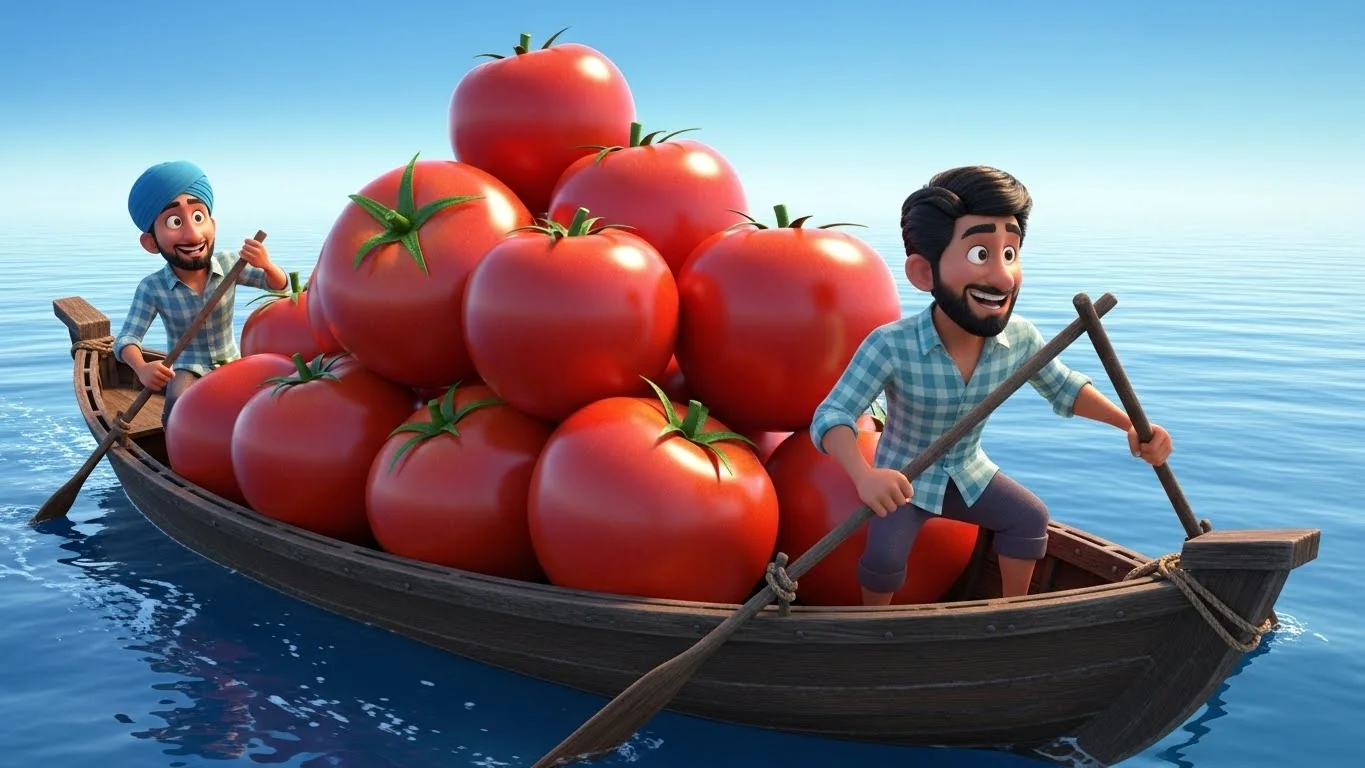 கடலில் விளைந்த தக்காளிப் பயிர்: மீனவர்கள் படகில் விலைமதிப்பற்ற தக்காளிகளை சந்தைக்குக் கொண்டு செல்கின்றனர்.