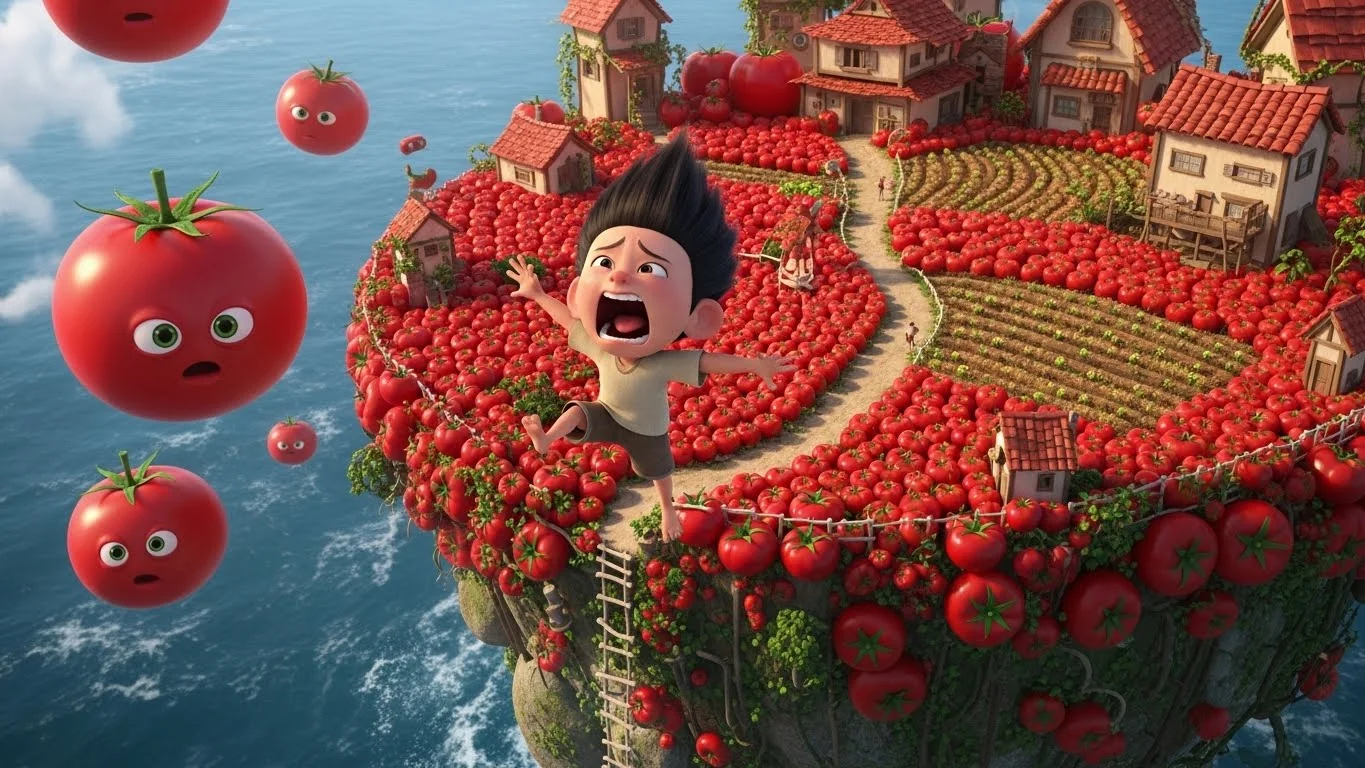 தக்காளி கிராமத்தில் பின்குவின் திகில் கனவு. சுற்றிலும் தக்காளி வீடுகள், பரிகாசம் செய்யும் காய்கறிகளைக் கண்டு பயத்தில் கடலில் குதிக்கிறான்.