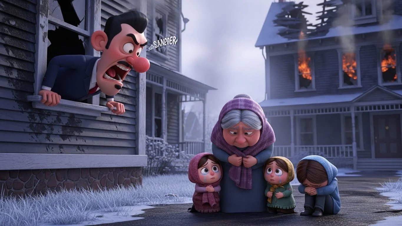 வீட்டை எரித்ததால் கோபமடைந்த வீட்டு உரிமையாளர் குளிரில் குடும்பத்தை வெளியேற்றுகிறார்.