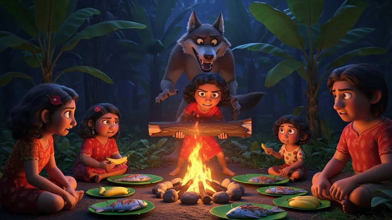 வாழை மரங்கள் நிறைந்த காட்டில் நெருப்பிற்கு அருகில் அமர்ந்து இலைகளில் உணவு உண்ணும் குடும்பம்.