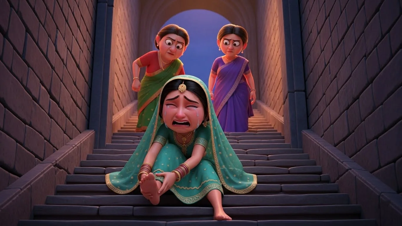 மொட்டை மாடிக்கு செல்லும் படிக்கட்டில் விழுந்து, வலியால் துடிக்கும் புதிய மருமகள் ரிது.