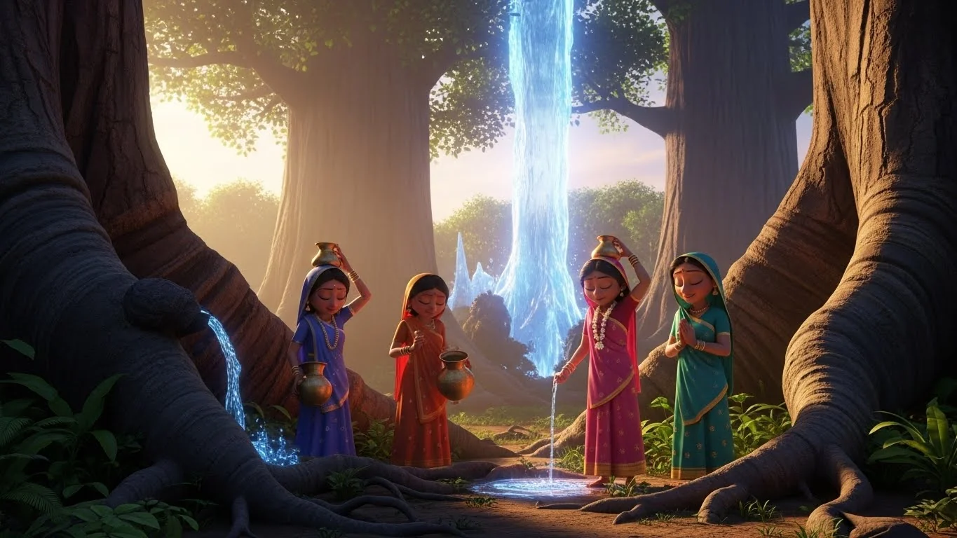 அதிகாலையில் காட்டுக்குள் பெண்கள் தங்கள் நம்பிக்கை காரணமாக, தெய்வீக ஆலமரங்களுக்கு பக்திப் பூர்வமாகத் தண்ணீர் ஊற்றி வழிபடுகிறார்கள்.