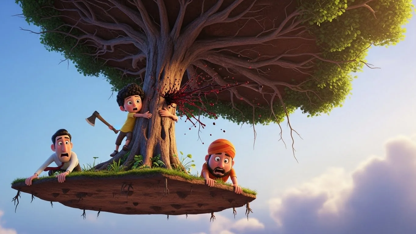 மரங்கள் வெட்டப்படும்போது, ஒரு சிறுமி மரத்தைத் தழுவுகிறாள். மரம் ரத்தம் கக்கி, பிறகு அந்த ஒட்டுமொத்தக் காடும் வானத்தில் அச்சுறுத்தலாகப் பறக்க ஆரம்பிக்கிறது.