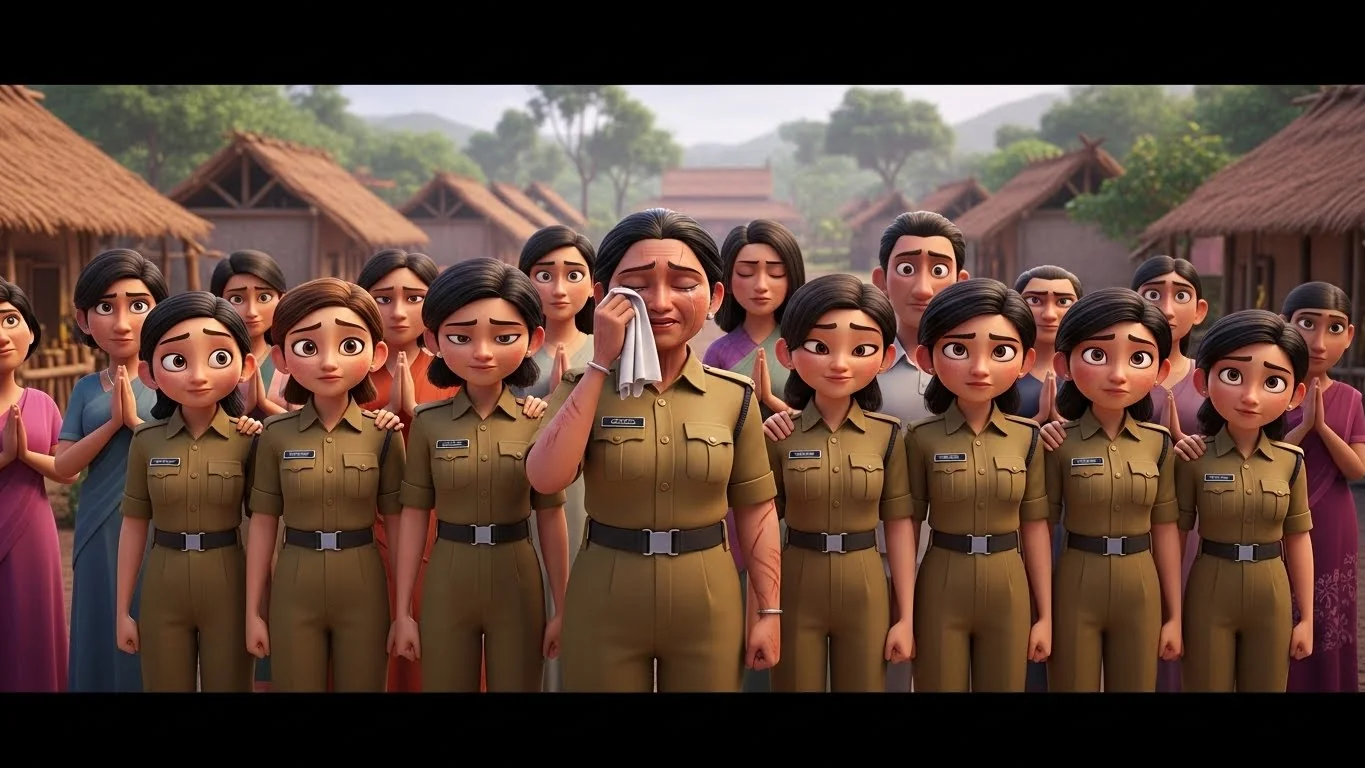 பத்து மகள்களும் ராணுவ உடையுடன் நாட்டிற்குப் புறப்படுதல், தாயின் கண்ணீர்.