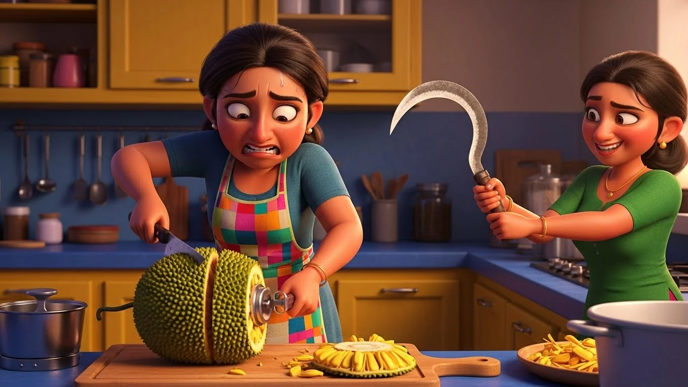 அருவாளால் பலாவை வெட்டும் மருமகள்