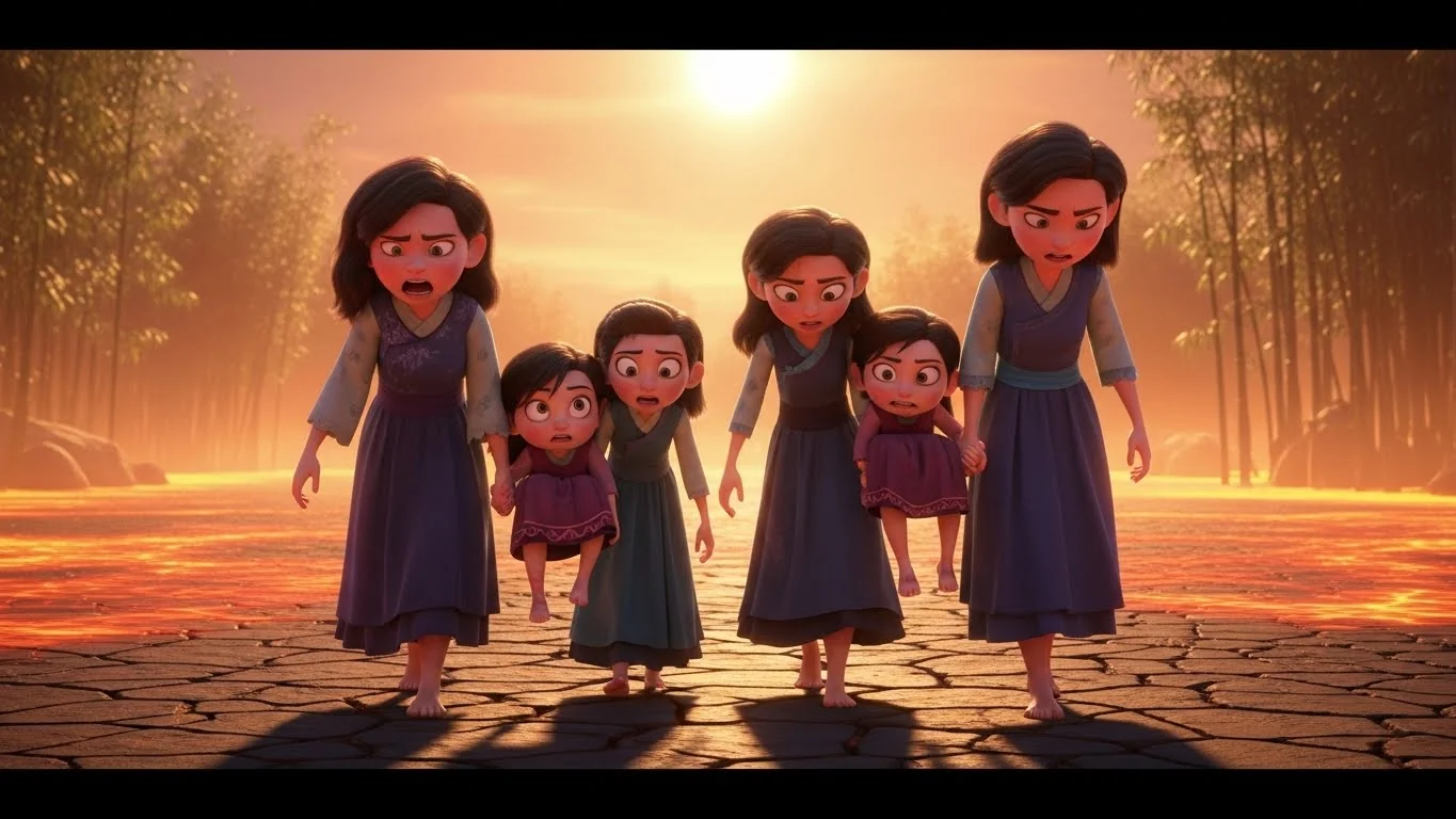 சுட்டெரிக்கும் தரையில் கொப்புளங்களுடன் நடக்கும் ஐந்து சகோதரிகள்.