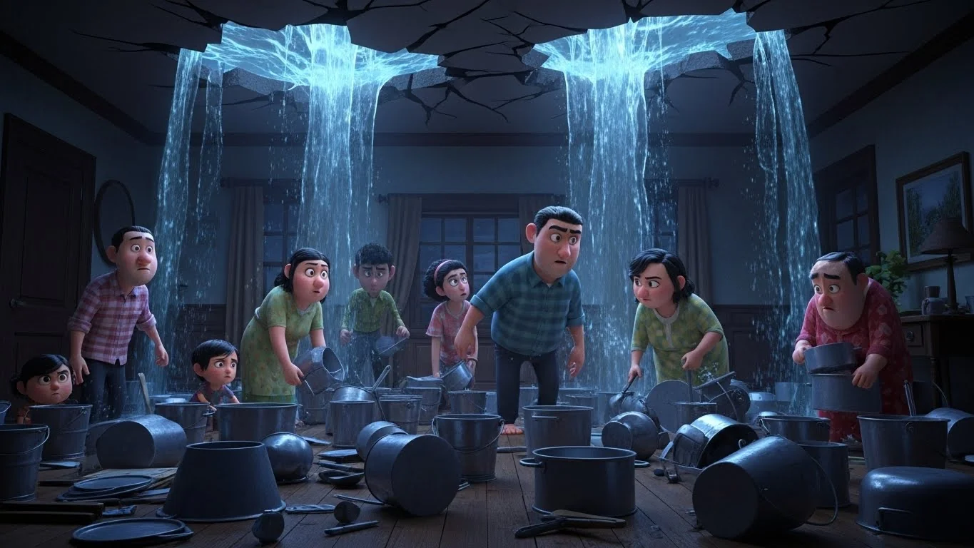 மழையில் கசியும் கூரையுடன் ஒரு இரவுப் போராட்டம்