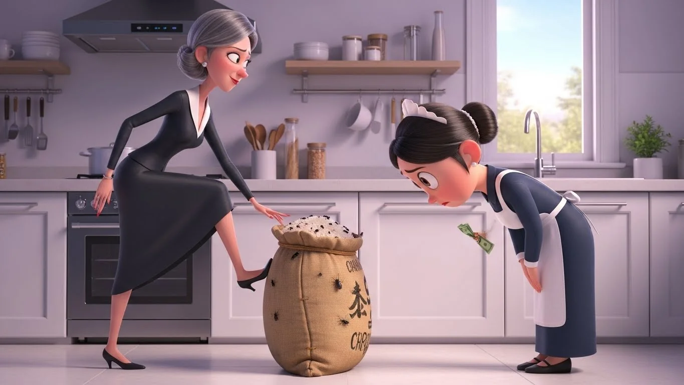 சம்பளத்திற்குப் பதிலாகப் பூச்சியரிசியைப் பெற்று அவமானப்படும் தாய் சுதா.