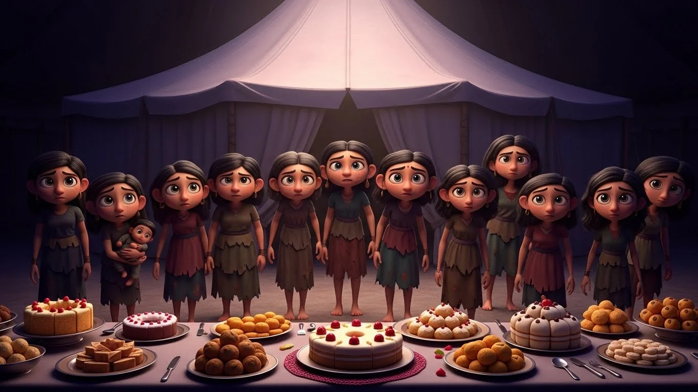 ஆடம்பர விருந்தை ஆவலுடன் பார்க்கும் பத்துக் குழந்தைகளும்.