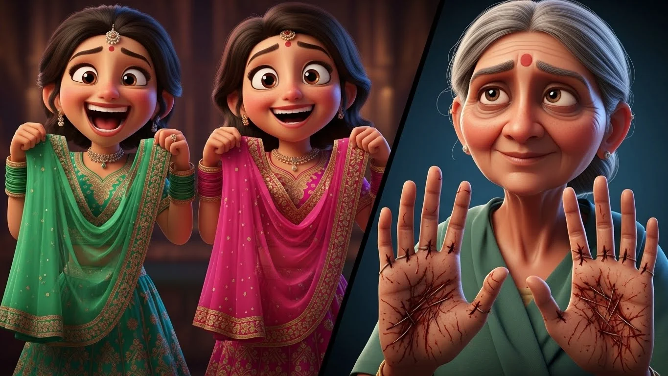 இரத்தம் கசிந்த கைகளுடன், சாந்தி தேவி தான் தைத்த லெஹங்காக்களை வழங்குகிறாள்.