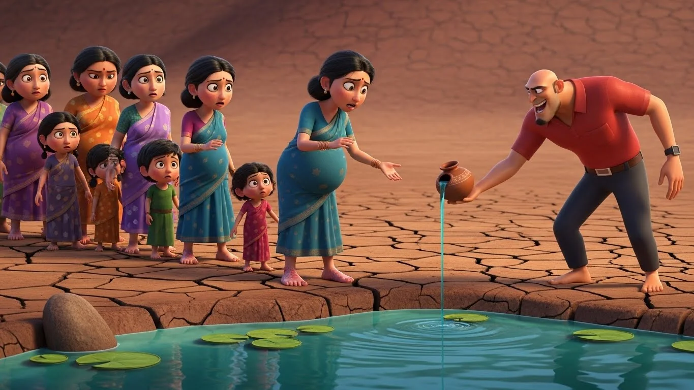 சுட்டெரிக்கும் வெயிலில் கால்நடையாகச் சென்று, அவமானத்துடன் அண்டை கிராமத்தின் நீர் ஆதாரத்தில் இருந்து சிறிதளவு தண்ணீர் பெறும் பெண்கள்.