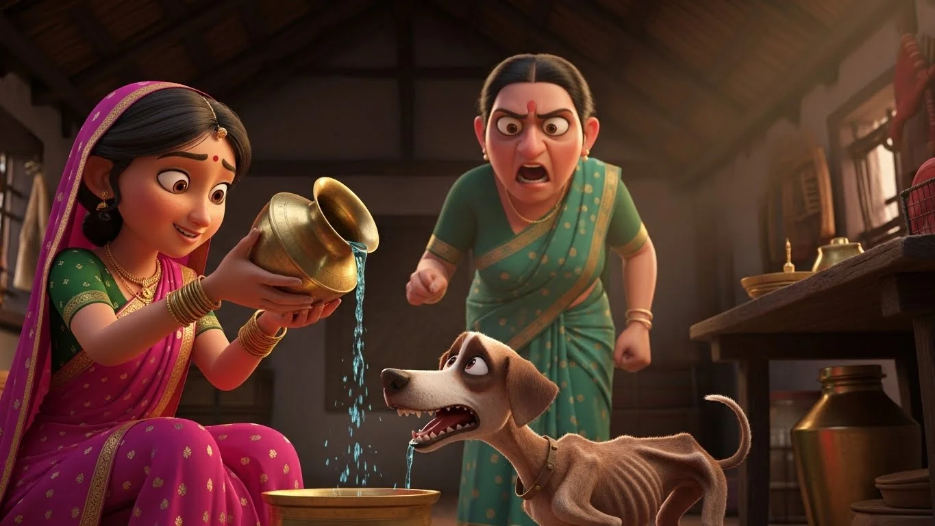 கங்கை, தன் மாமியார் சீதாவின் கோபமான கண்களைப் பொருட்படுத்தாமல், வீட்டில் எஞ்சியிருந்த அரிய நீரை தாகமாய் இருக்கும் நாய்க்கு ஊற்றுகிறாள்.