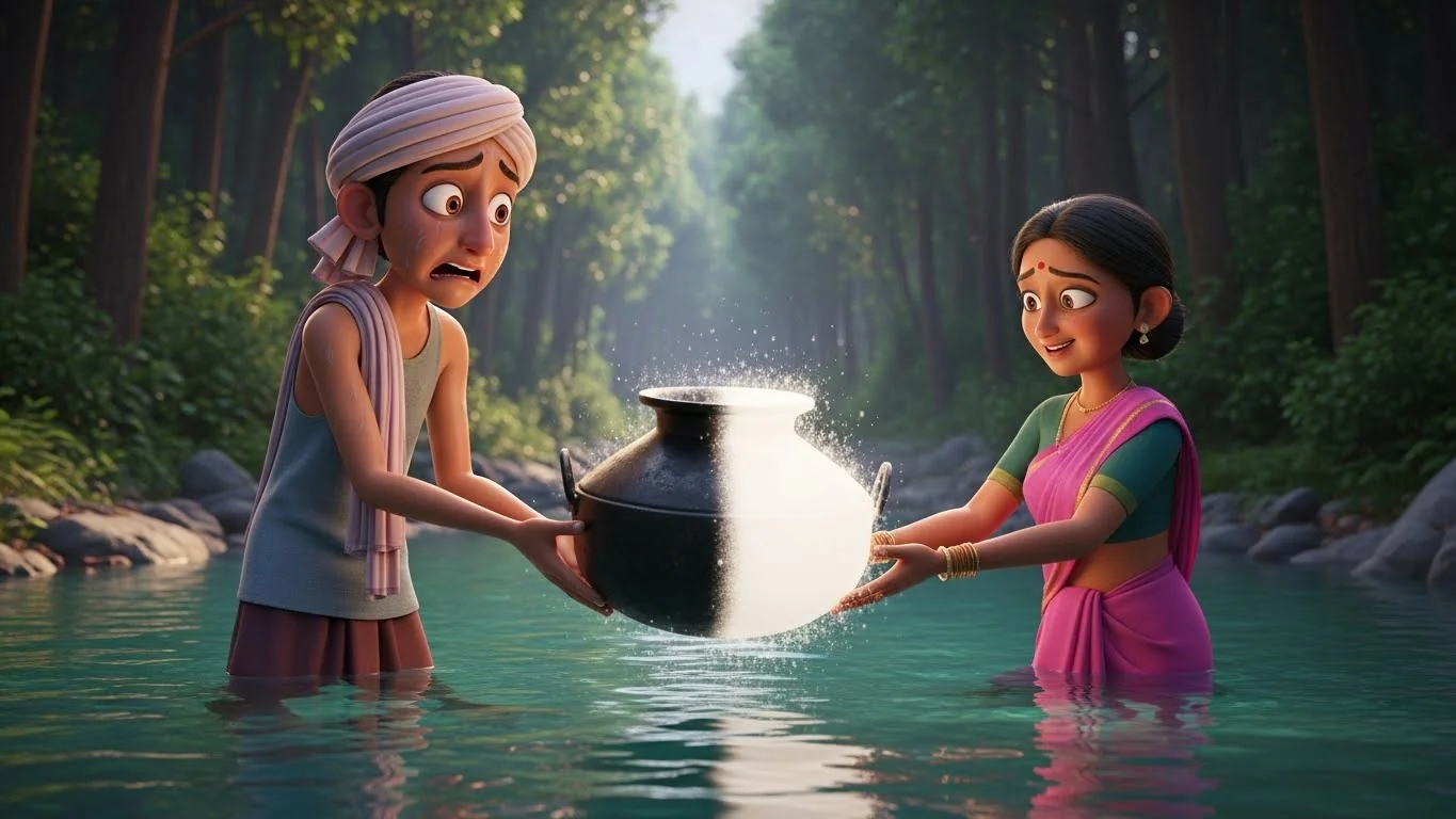 காட்டில், கங்கையின் அருள் பெற்ற உழலைக் கழுவுகிறாள் சலவைக்காரி. இரும்புச்சட்டி பால்போல வெண்மையாக மின்னுகிறது.