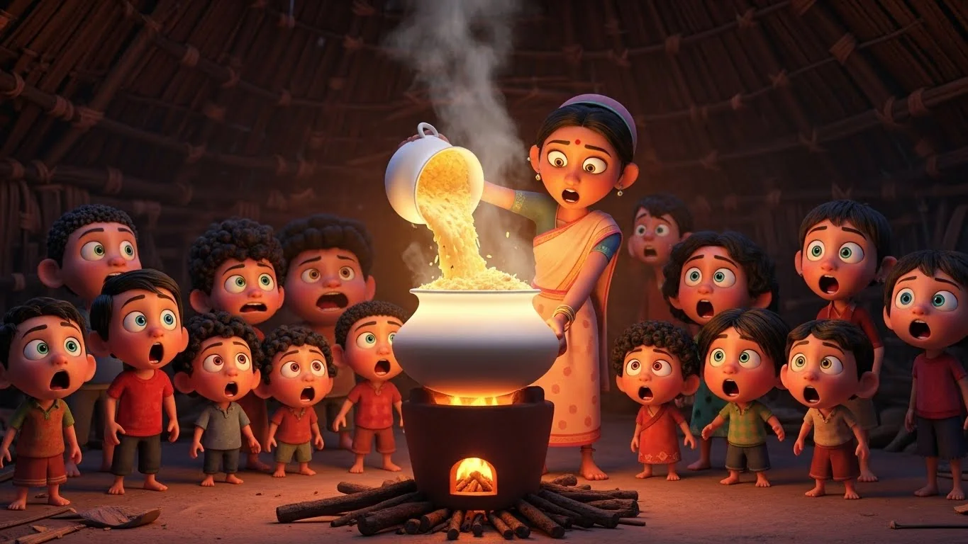 சோள குழந்தைகளுக்கும் உணவு வேண்ட, அடுப்பில் இருந்த அற்புதச்சட்டி தானாகவே, தங்கமாய் மின்னும் பாயாசத்தால் நிரம்பி வழிகிறது.